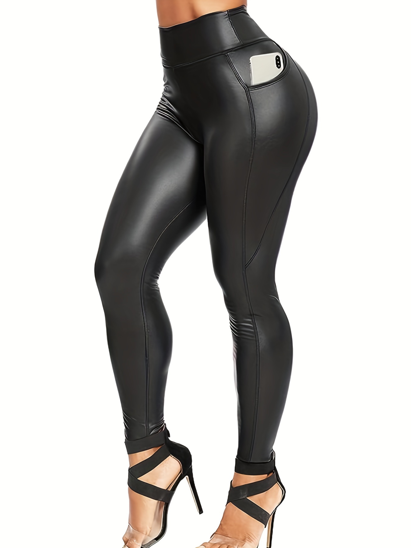 Women's Solid Color Plus Size Faux Leather Coated Leggings at Rs