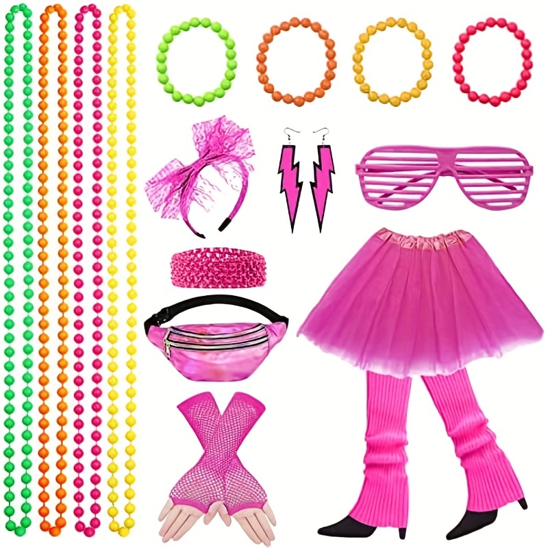 90s 80s Accessories Womens Skirt Neon Necklace Bracelet Earring Fingerless  Gloves Headband Bum Bag 80s Clothing Costume Accessories