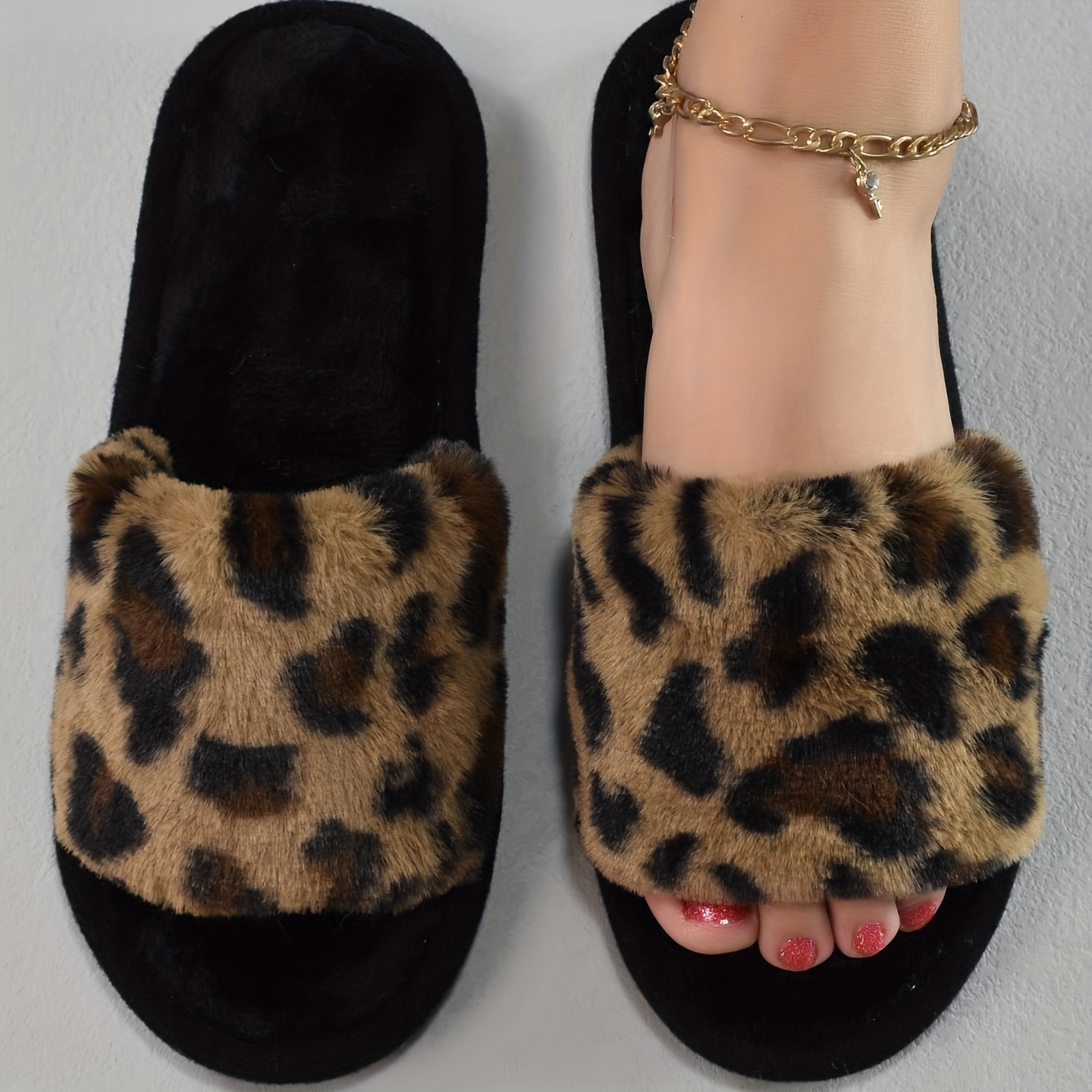 

Leopard Print Fluffy Plush Slippers, Cozy & Warm Open Toe Slip On Flat Shoes, Winter Fuzzy Home Slippers