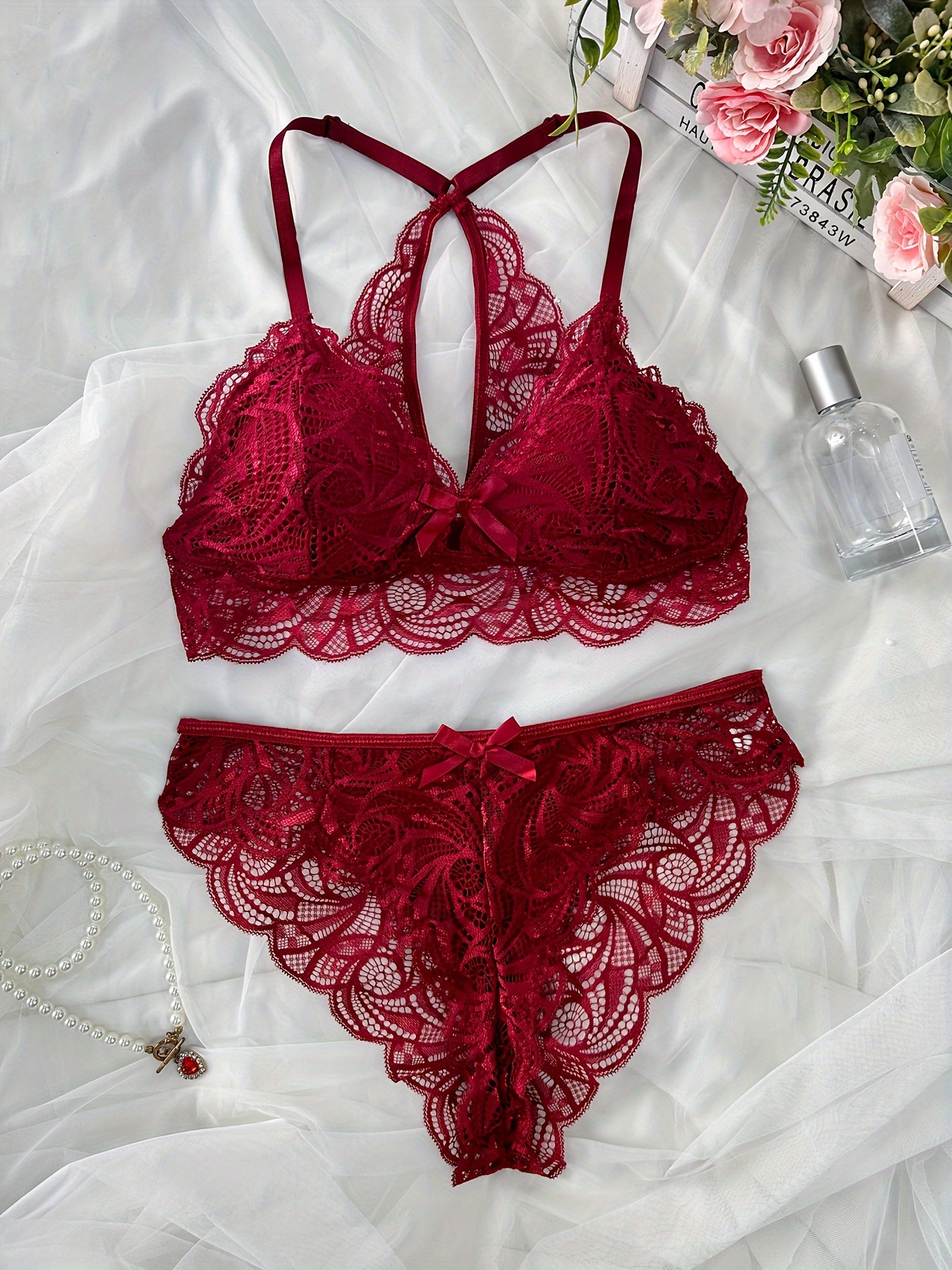 Sultry Floral Lace Lingerie Set Push Bra Criss Cross Strappy - Temu