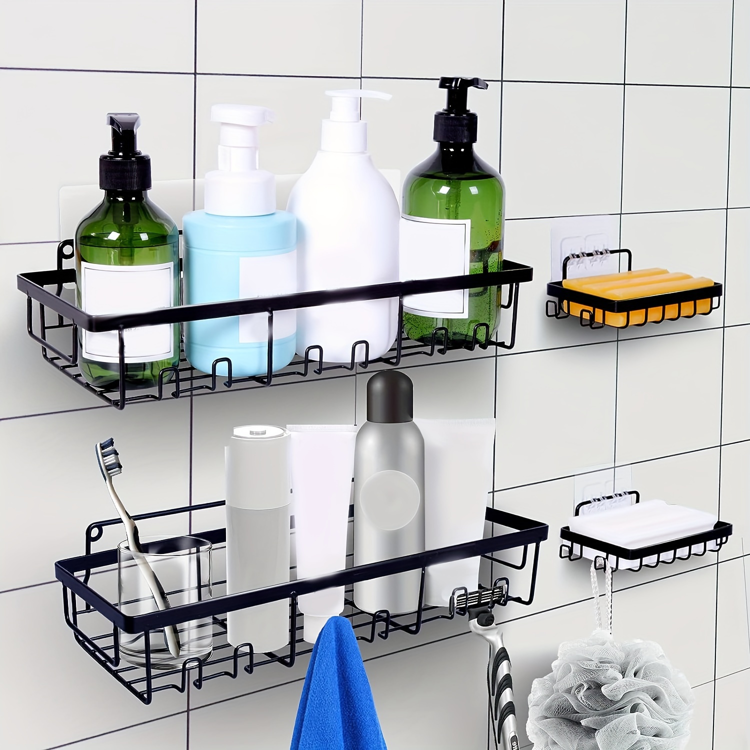 Shower Caddy Adhesive Basket Shelf With Hooks Shower - Temu