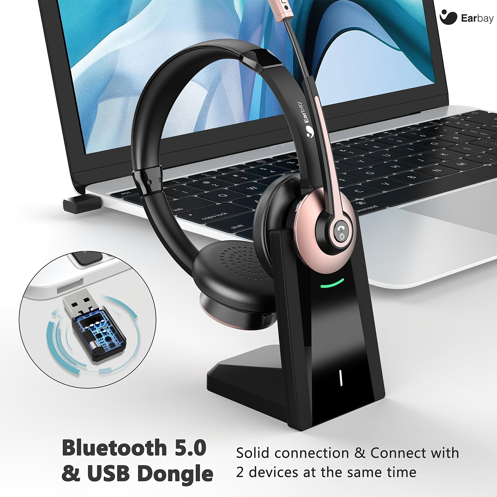  Auriculares Bluetooth con micrófono USB donle, auriculares  inalámbricos con cancelación de ruido GLL con botón de silencio de  micrófono, soporte de carga de sonido claro para computadora, PC, tableta,  teléfono celular