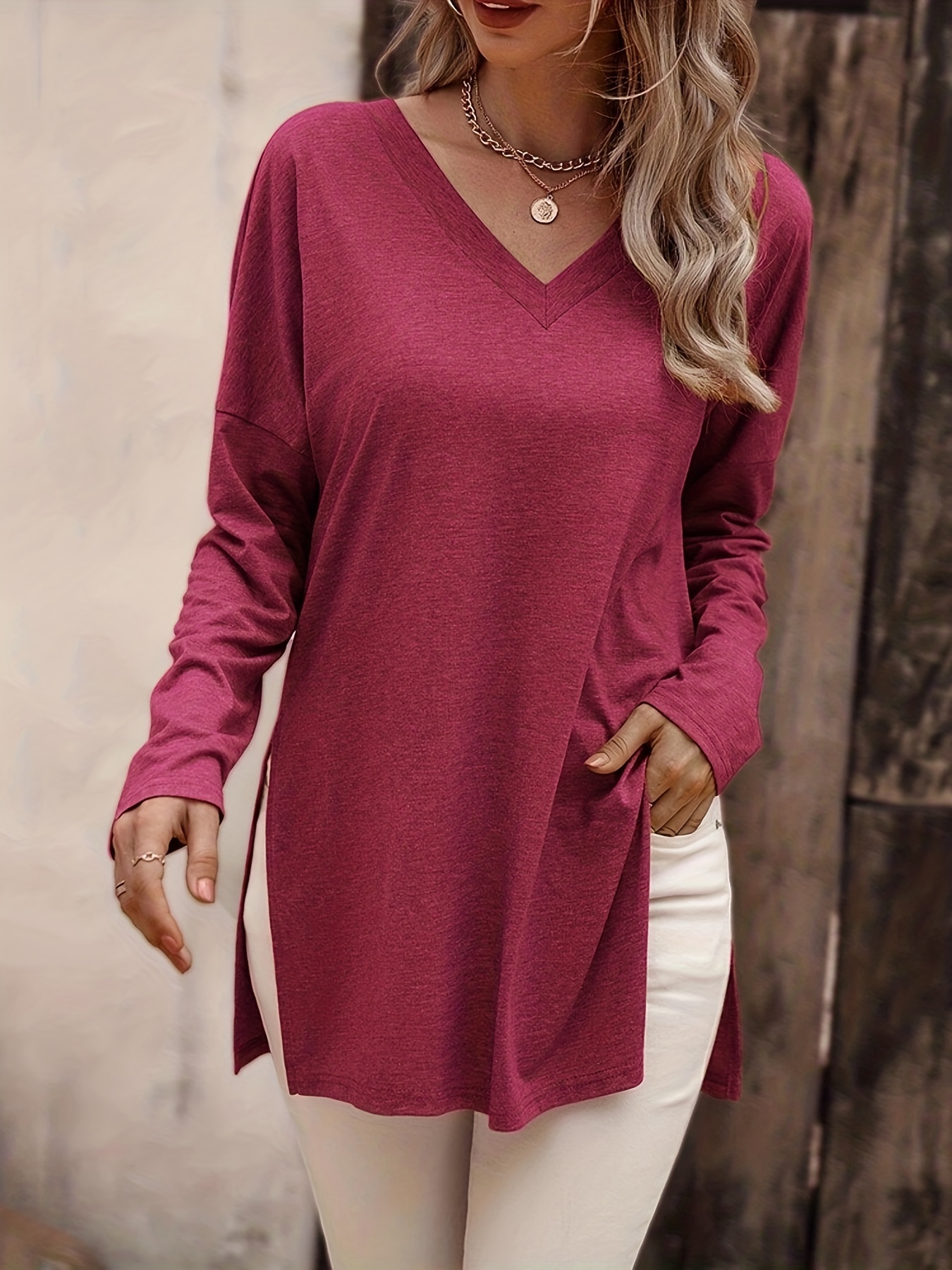 Solid V Neck T-Shirt, Long Sleeve Casual Every Day Top For Spring online & Fall