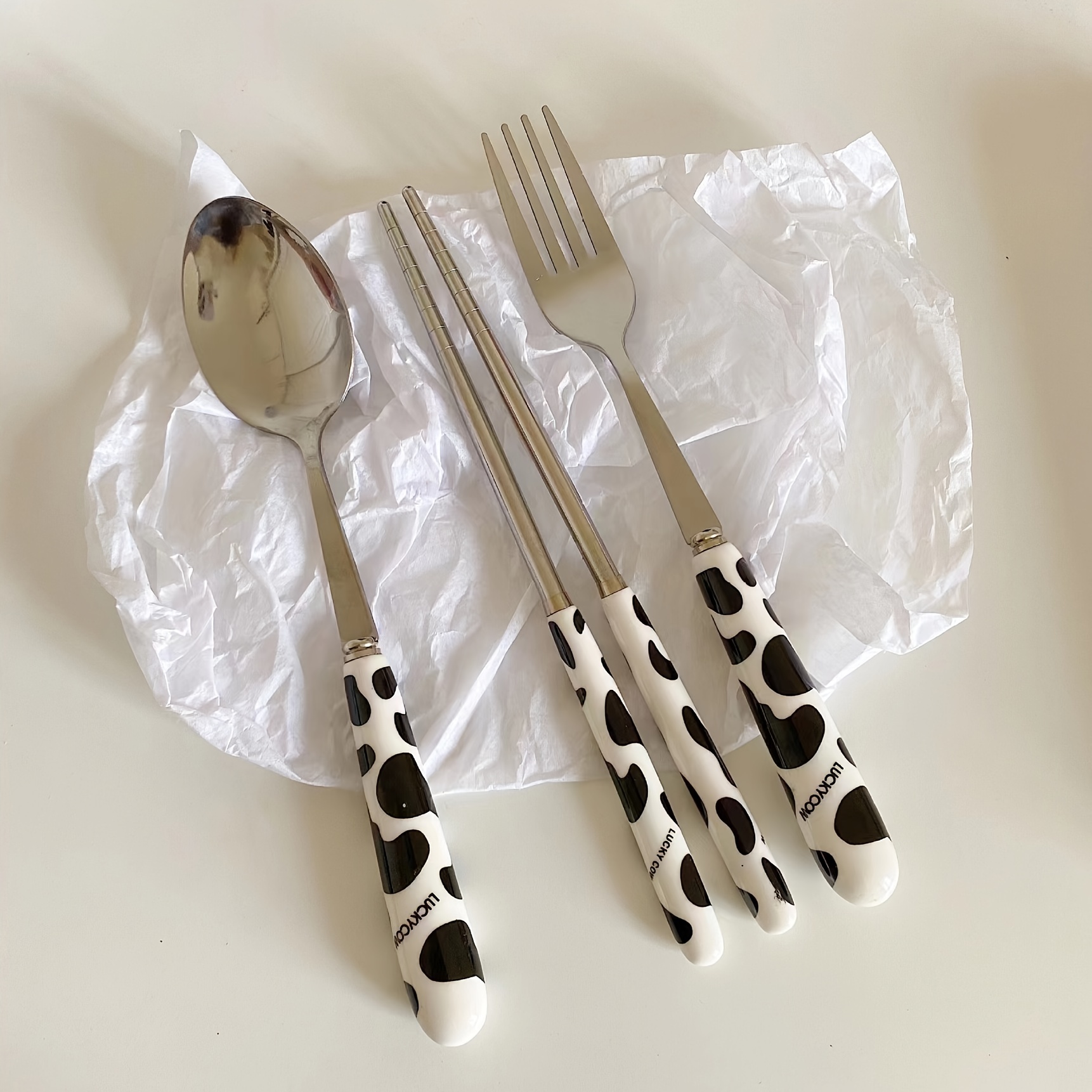 OLizee Cute Creative Cow Pattern Design Flatware Set of 3 Ceramics Handle Stainless Steel Spoon Fork Chopsticks for Traveling Portable Lovely Animals