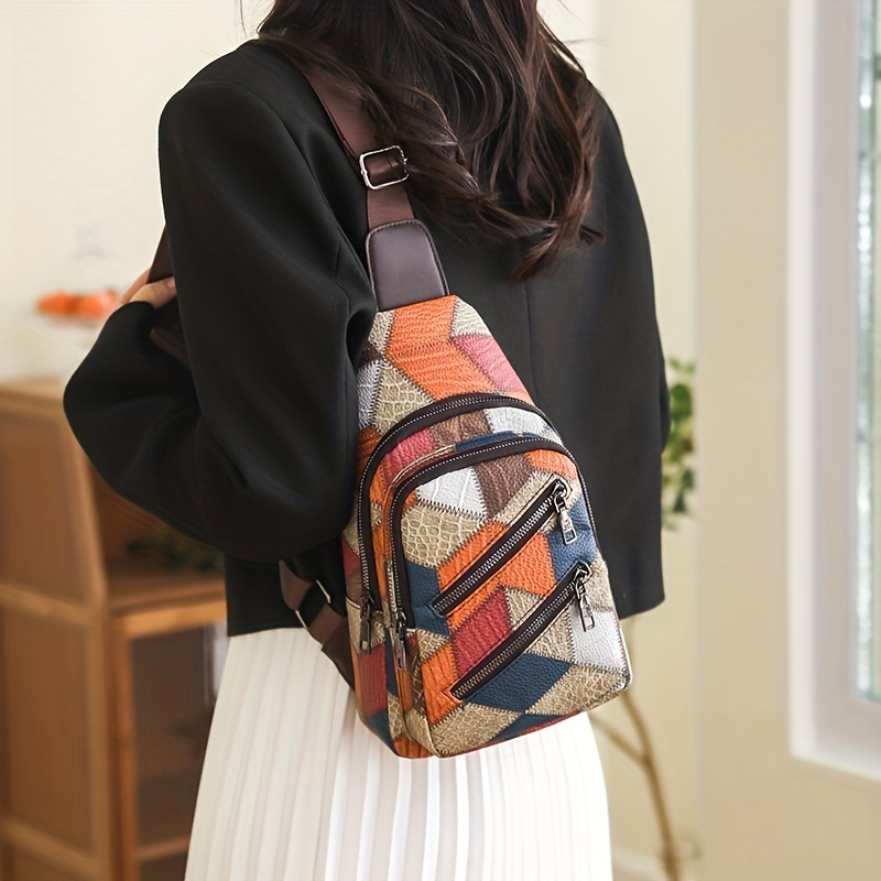 Geometric Print Sling Bag, Trendy Pu Leather Chest Purse, Women's Travel Crossbody  Bag - Temu