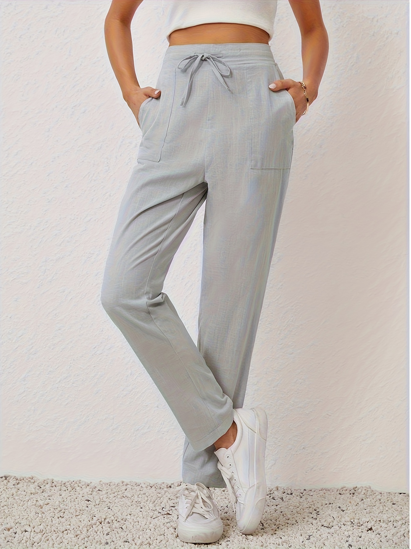 Solid Drawstring Straight Leg Pants Casual Patched Pocket - Temu