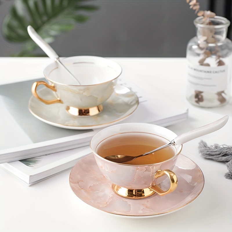 Marble Print Ceramic Tea Cup With Saucer And Spoon Bone - Temu