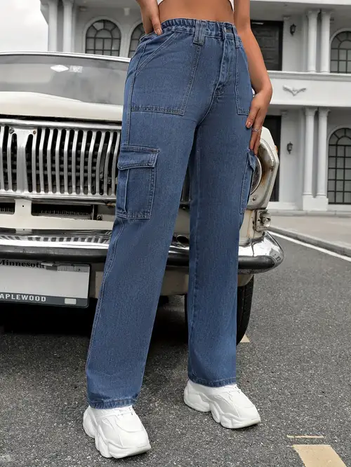 High Waist Solid Color Casual Loose Fit Denim Pants