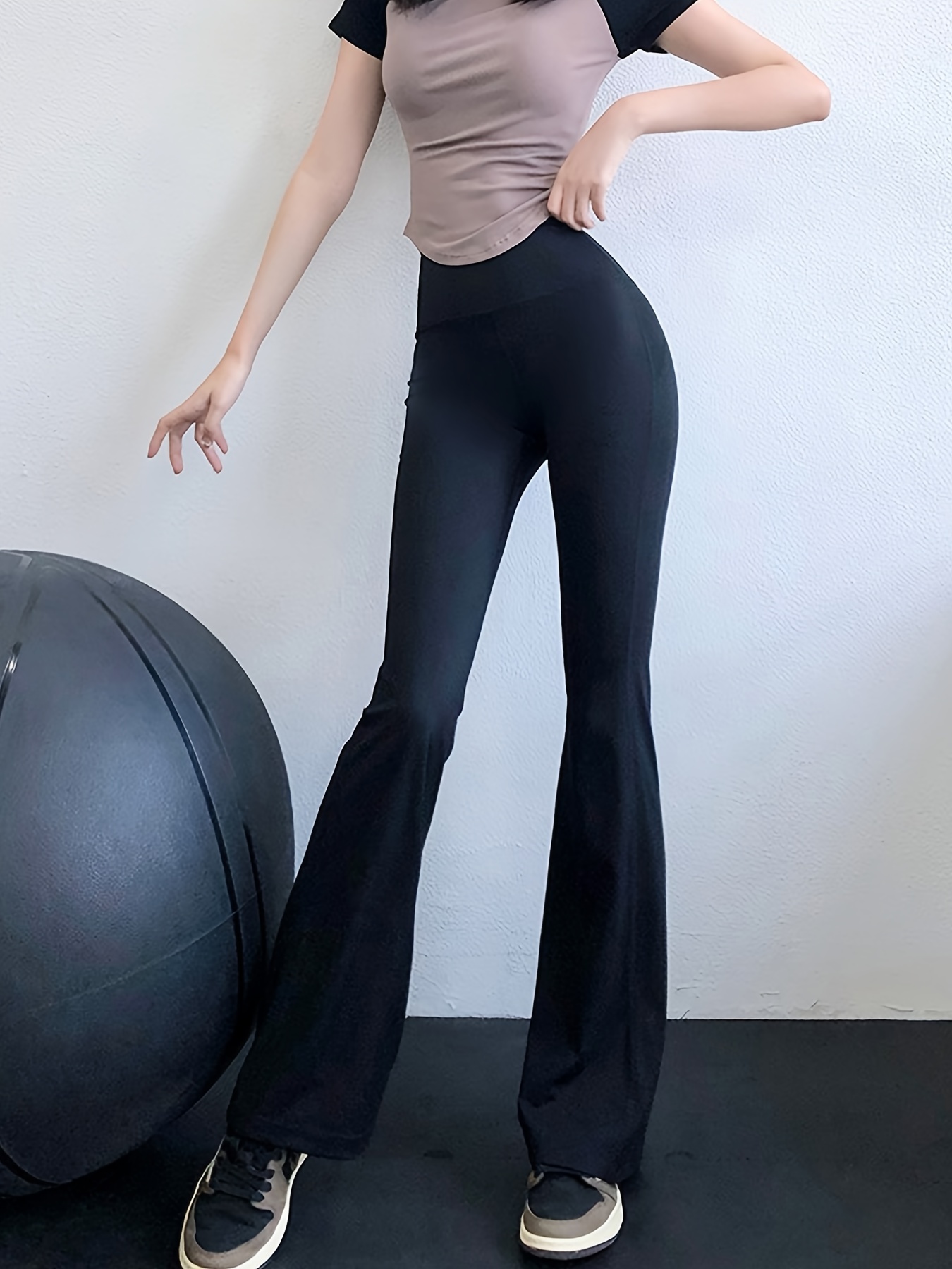 Women's Activewear: Black Tummy Control Bell Bottom Pants - Butt Lifting &  Stretchy Yoga Casual Flared Pants