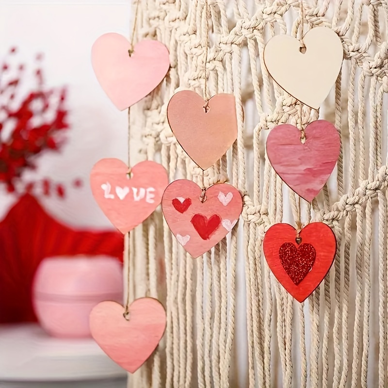 10 Pcs Wooden Hanging Love Heart Ornament, Heart Ornaments Love Heart  Shaped Ornaments Hanging with Ropes for DIY Crafts Wedding Valentine's Day