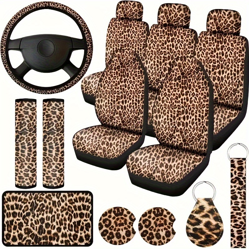 

8 Pieces Of Leopard Print Car Seat Covers, Steering Wheel Covers, Seat Belt Covers, Suitable For Most Vehicles, Cars, Trucks, Suvs, And