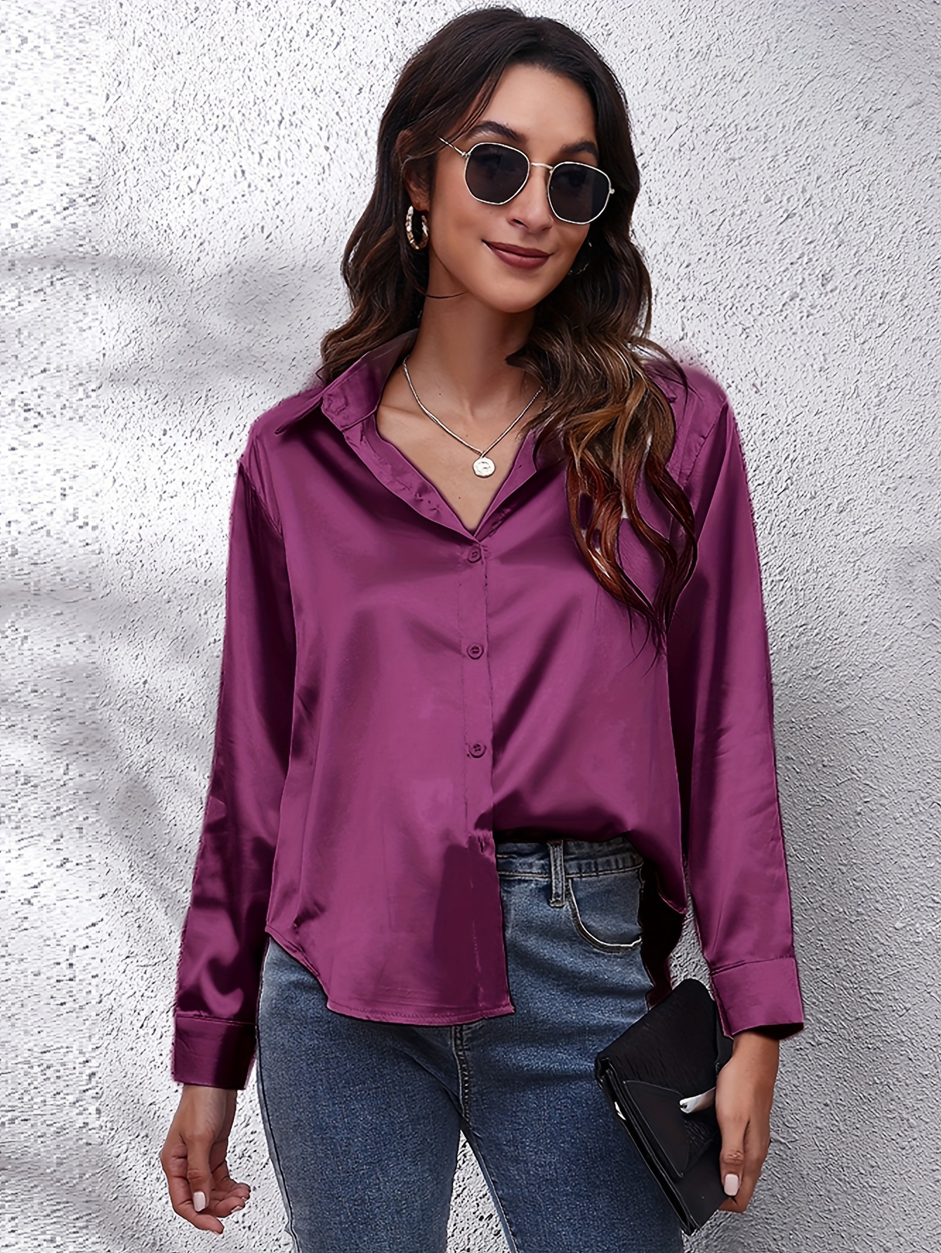 Solid Color Long Sleeve Button Tops Business Casual Blouses - Temu