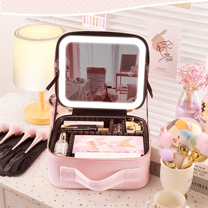 Portable Artist Storage Bag Adjustable Dividers Makeup Bag with Mirror  & Light