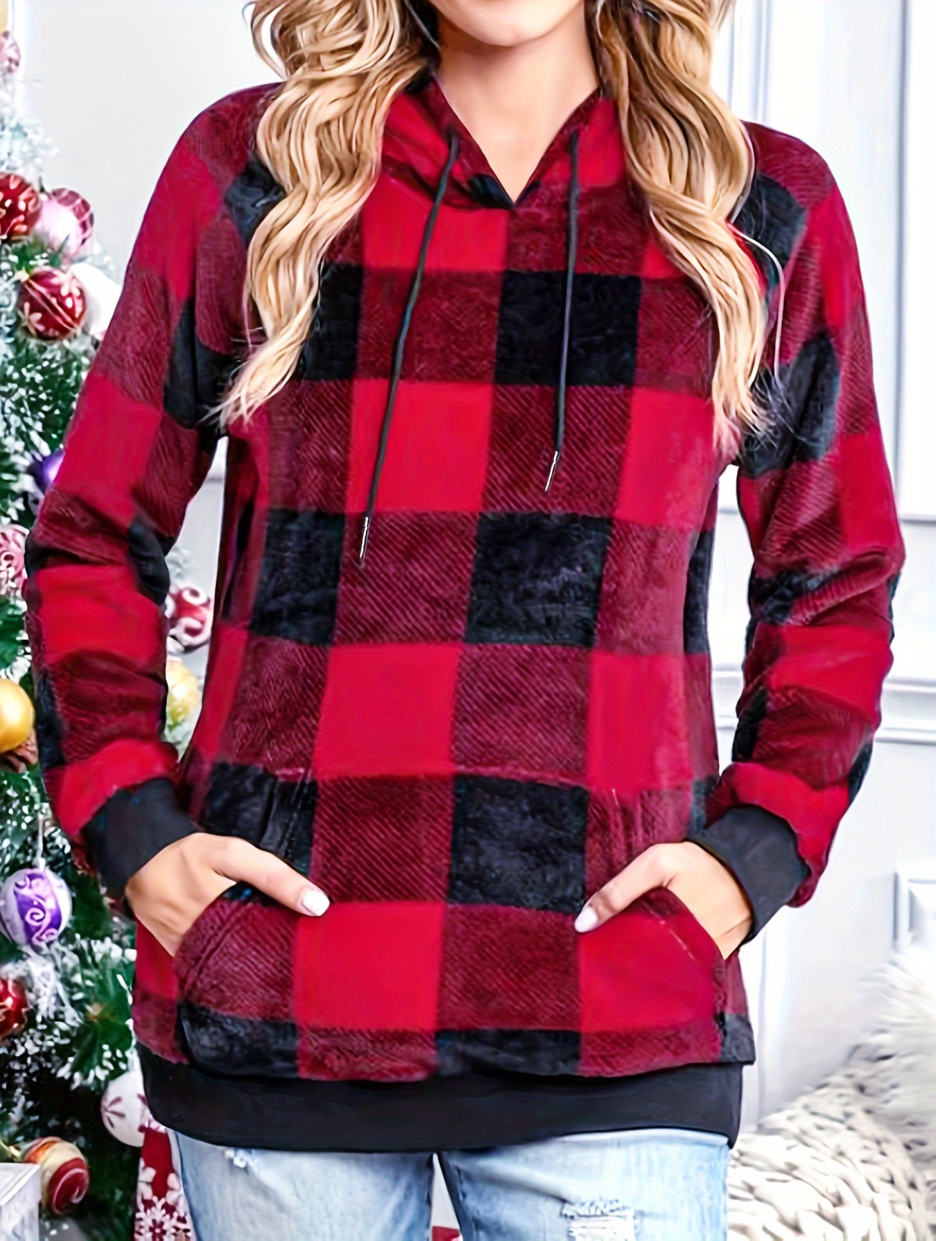 Red plaid sale hoodie women's