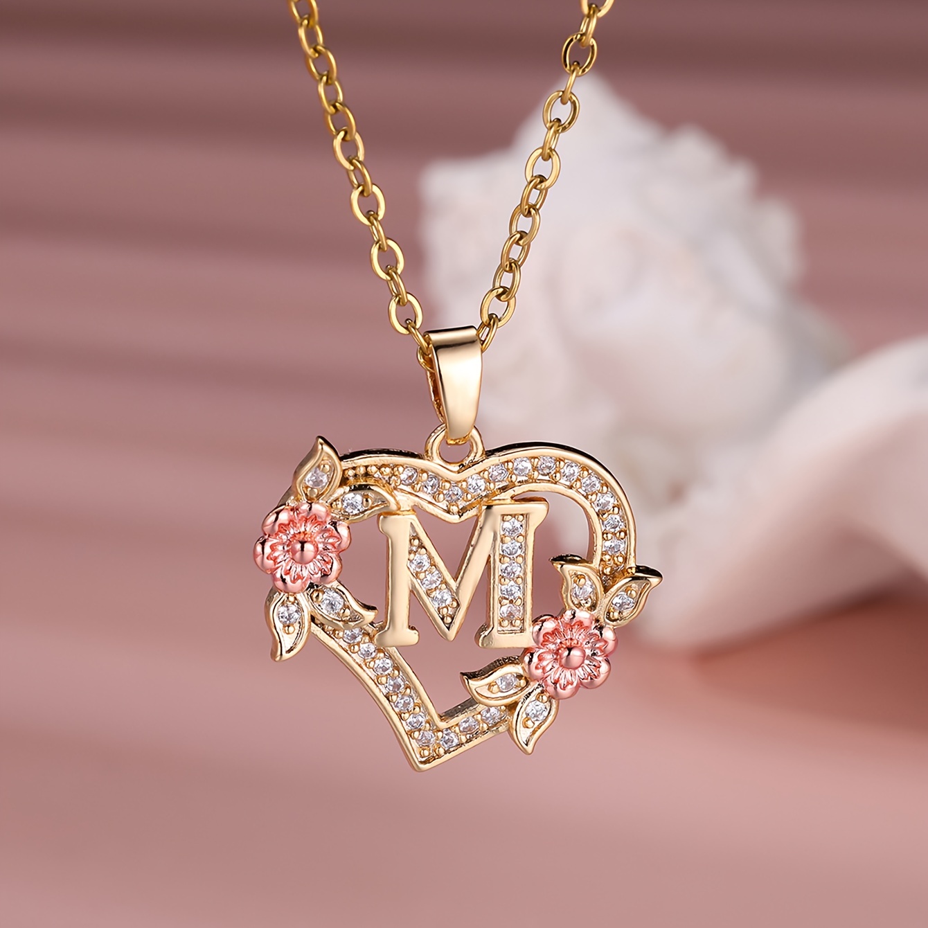 E-shop Gold-Weiß Synthetischer Zirkonia Herzförmiger Buchstabe Roségold Blumen Halskette für Frauen, Modisches Anhänger Valentinstag Geschen
