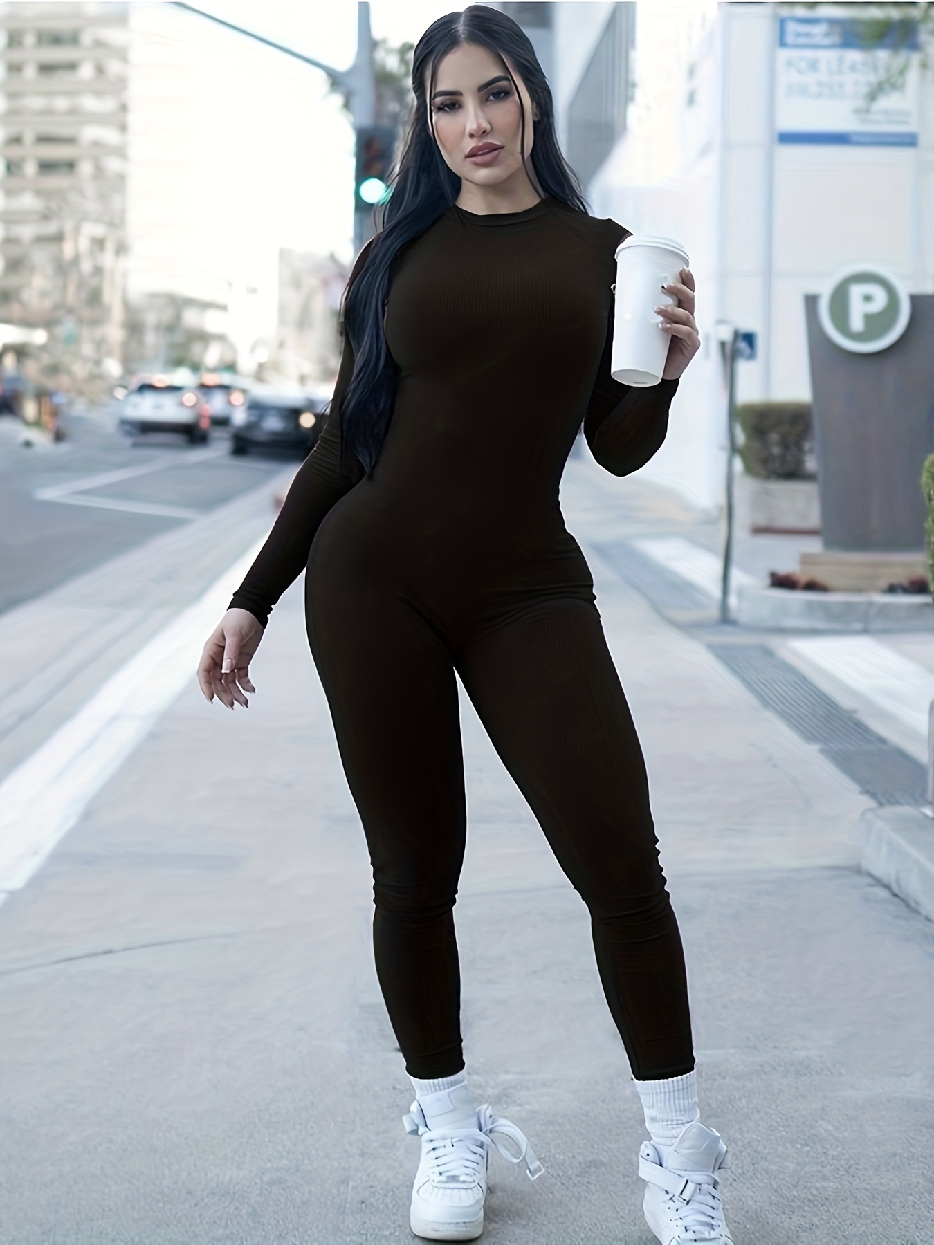 Solid Color Scoop Neck Skinny Jumpsuit, Long Sleeve Stretch Slimming Body  Shaper Jumpsuit, Women's Clothings