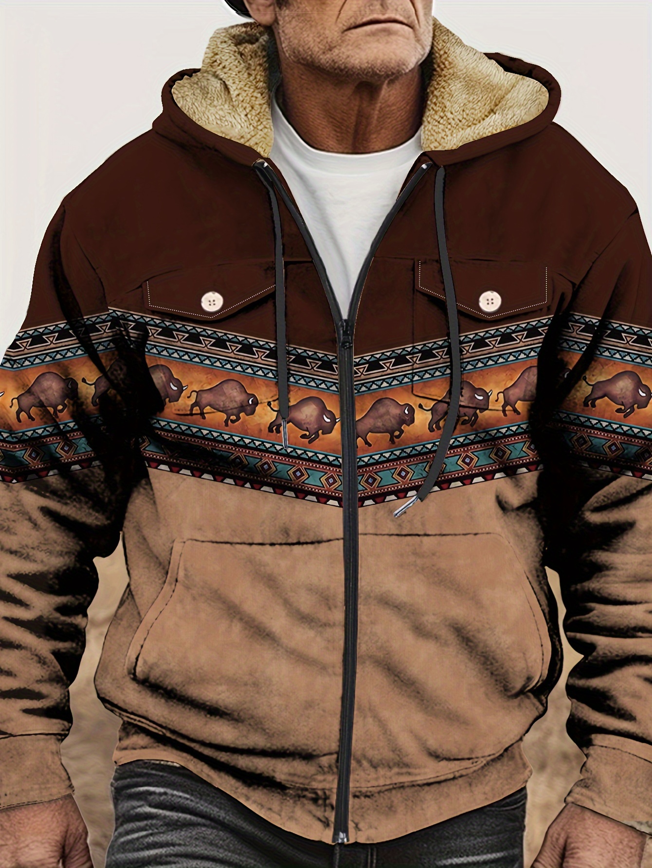Fleece Casual Hooded Jacket, Men's Allover Print Zip Up Pocket Warm Ethnic Style Fall Winter Hoodie Jacket,Temu