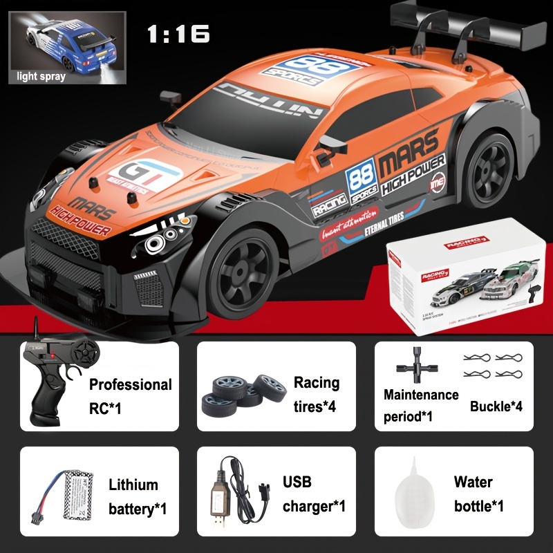 Remote Control Car RC Drift Car 1:16 Scale 4WD 18KM/H High Speed Model  Vehicle 2.4GHz with LED Lights Spray Rubber Tire Racing Sport Toy Car for