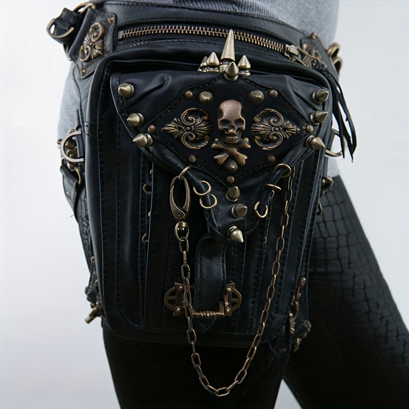 Gothic Waist Bag, Metal Skull & Studded Decor Crossbody Bag, Steampunk Motorcycle Bag