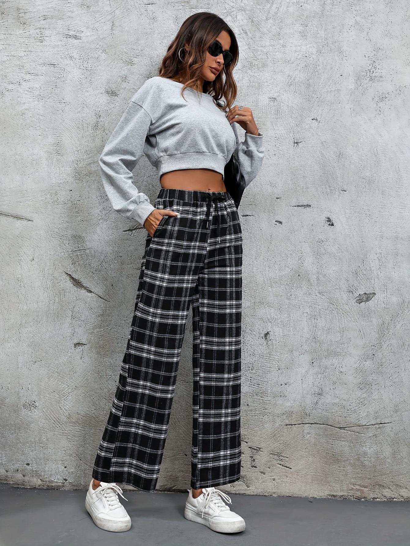 pantalones anchos cuadros clásicos en negro mujer Temu Dominican