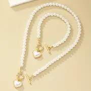 2pcs necklace bracelet elegant jewelry set made of milky stone 18k gold plated trendy heart ot buckle design match daily outfits details 3