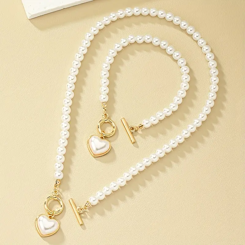 2pcs necklace bracelet elegant jewelry set made of milky stone 18k gold plated trendy heart ot buckle design match daily outfits details 3
