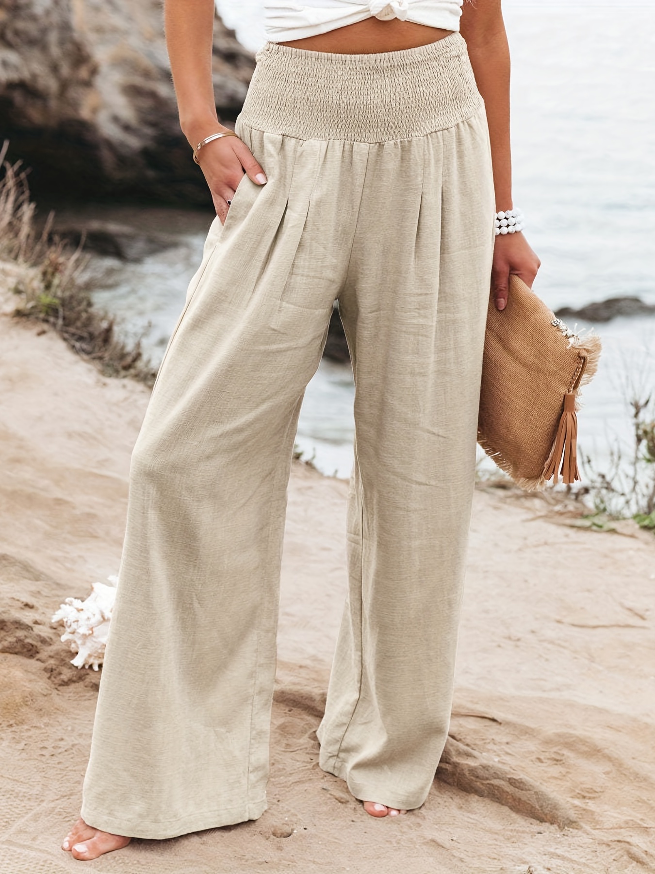 Pantalones de pierna ancha minimalistas con cintura fruncida, pantalones  casuales sueltos con bolsillos inclinados, ropa de mujer