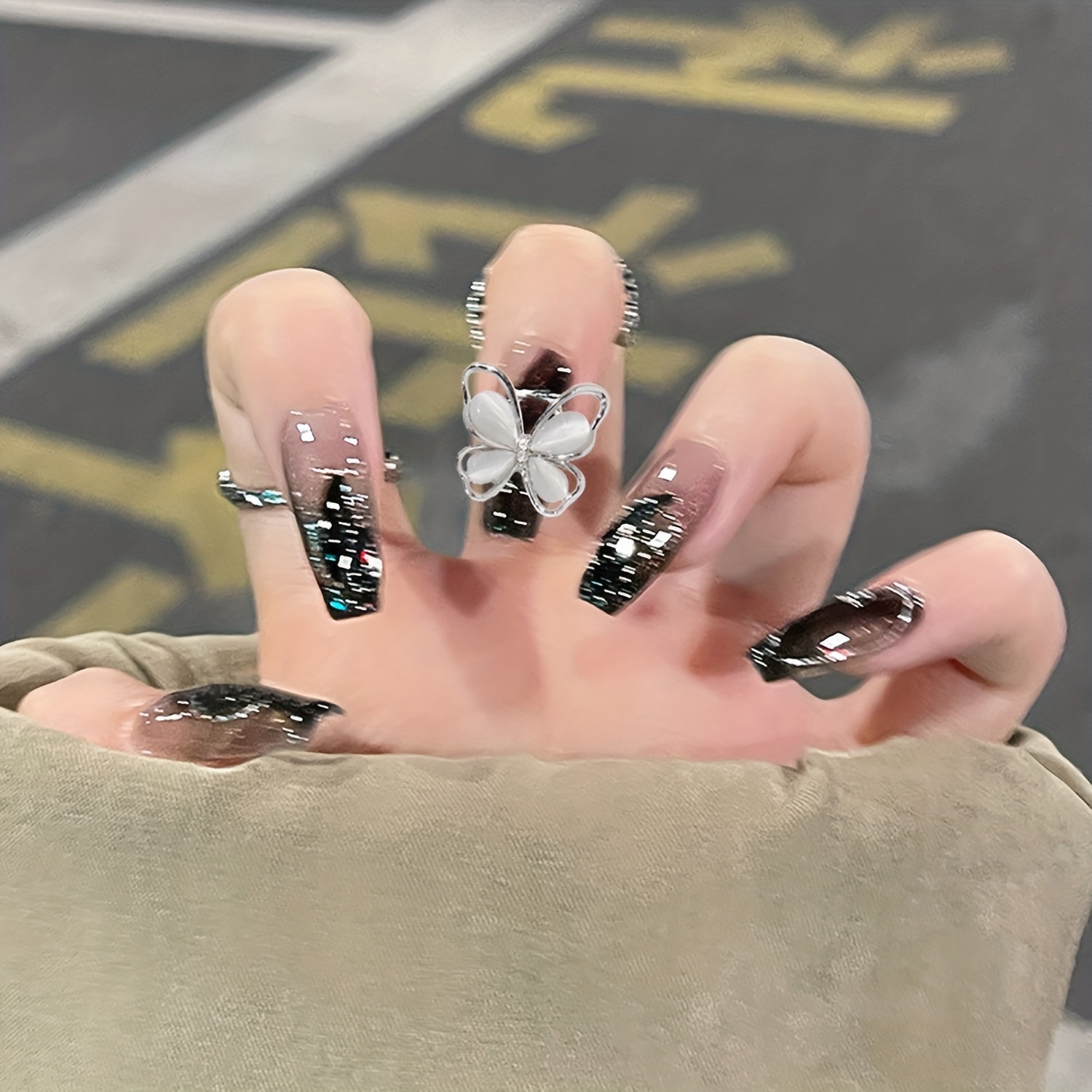 24pcs Glitter Black Rhinestones Fake Nails Shiny Crystal Artificial Nail  Tips for Women Girl Full Cover Wearable False Nail Tips - AliExpress