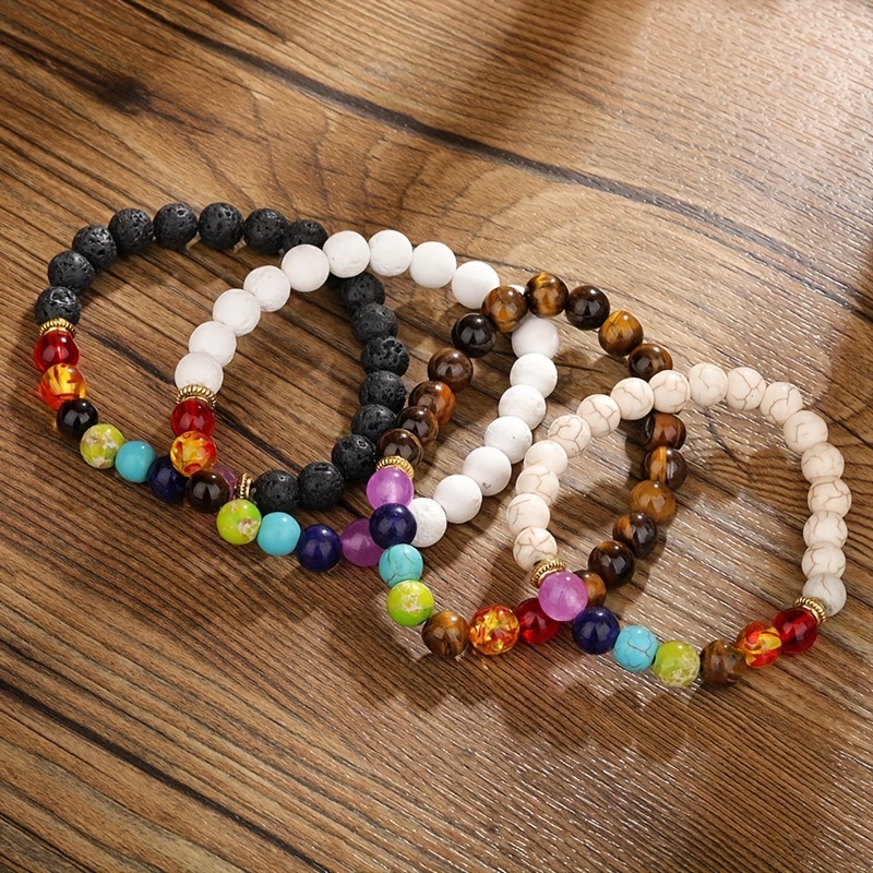 Rainbow Chakra Lava Volcanic Stone Elastic Bracelet Women - Temu Mexico