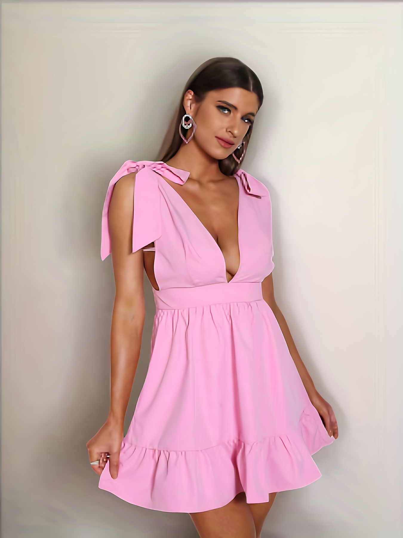 Shoulder knot plunging outlet neck mesh dress