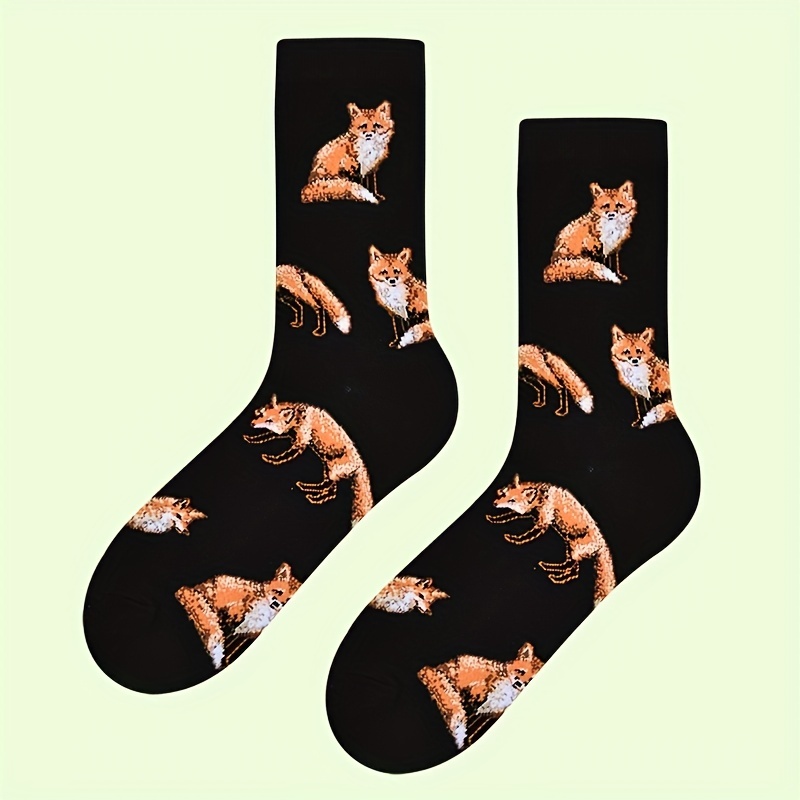 

1 Pair Of Men's Trendy Cartoon Fox Pattern Crew Socks, Breathable Cotton Blend Comfy Casual Unisex Socks For Men's Outdoor Wearing All Seasons Wearing