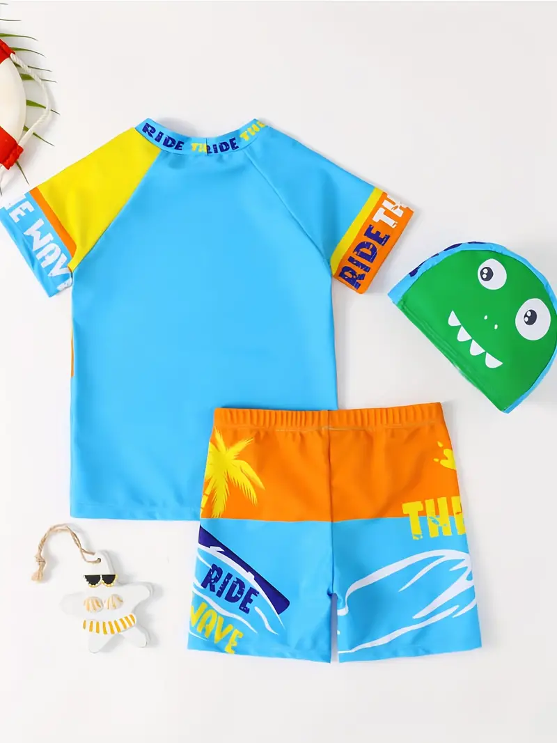 boys cartoon dinosaur ride the wave color block swimming suit swimming trunks tops cap casual kids clothes details 0