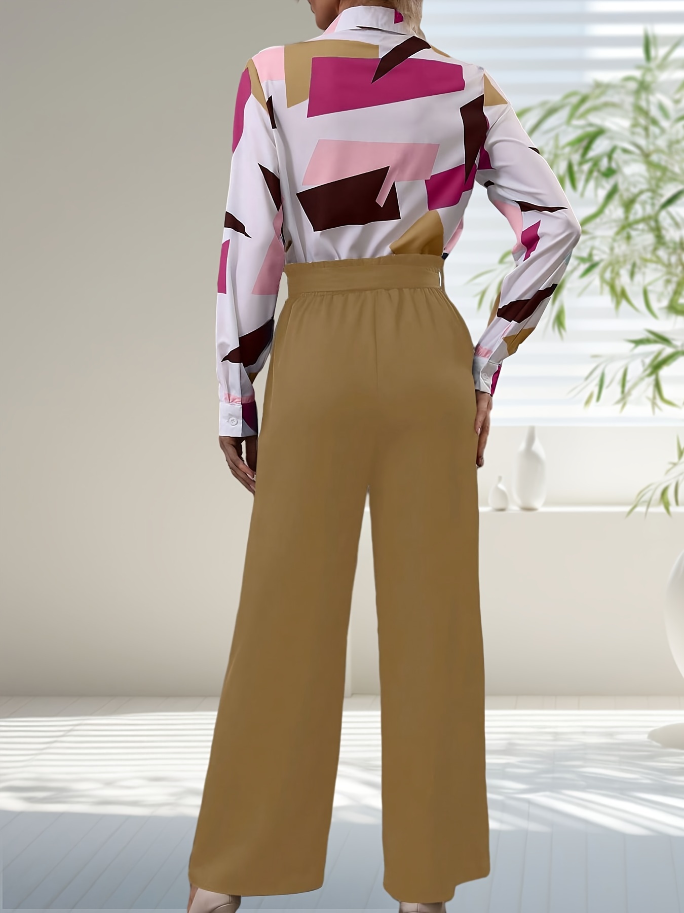 Elegant Two-piece Set, Allover Print Button Front Shirt & Solid High Waist  Wide Leg Pants Outfits, Women's Clothing