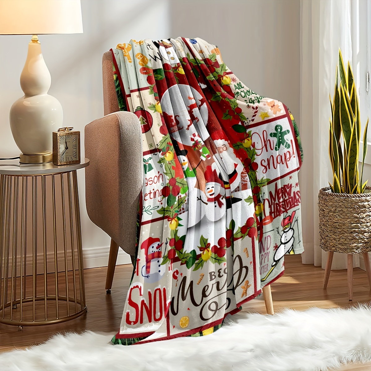 Christmas Throw Blanket Red Santa Claus Snowman Print Temu