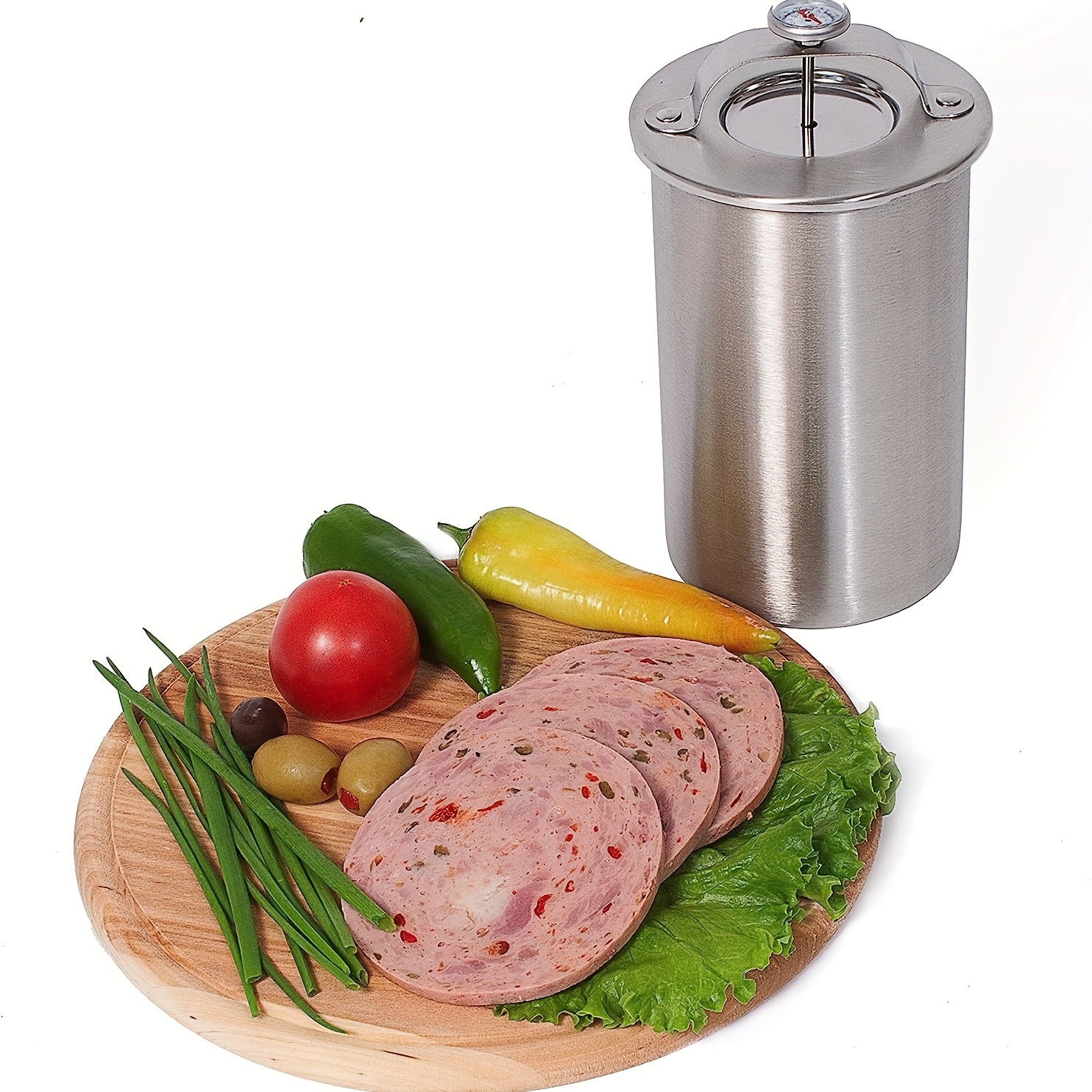 

1pc, 1.3l/43.9oz Ham Maker, Stainless Steel Meat Press For Making Healthy Homemade Deli Meat, Kitchen Bacon Meat Pressure Cookers Boiler Pot Pan Stove With Thermometer And Cooking Bags