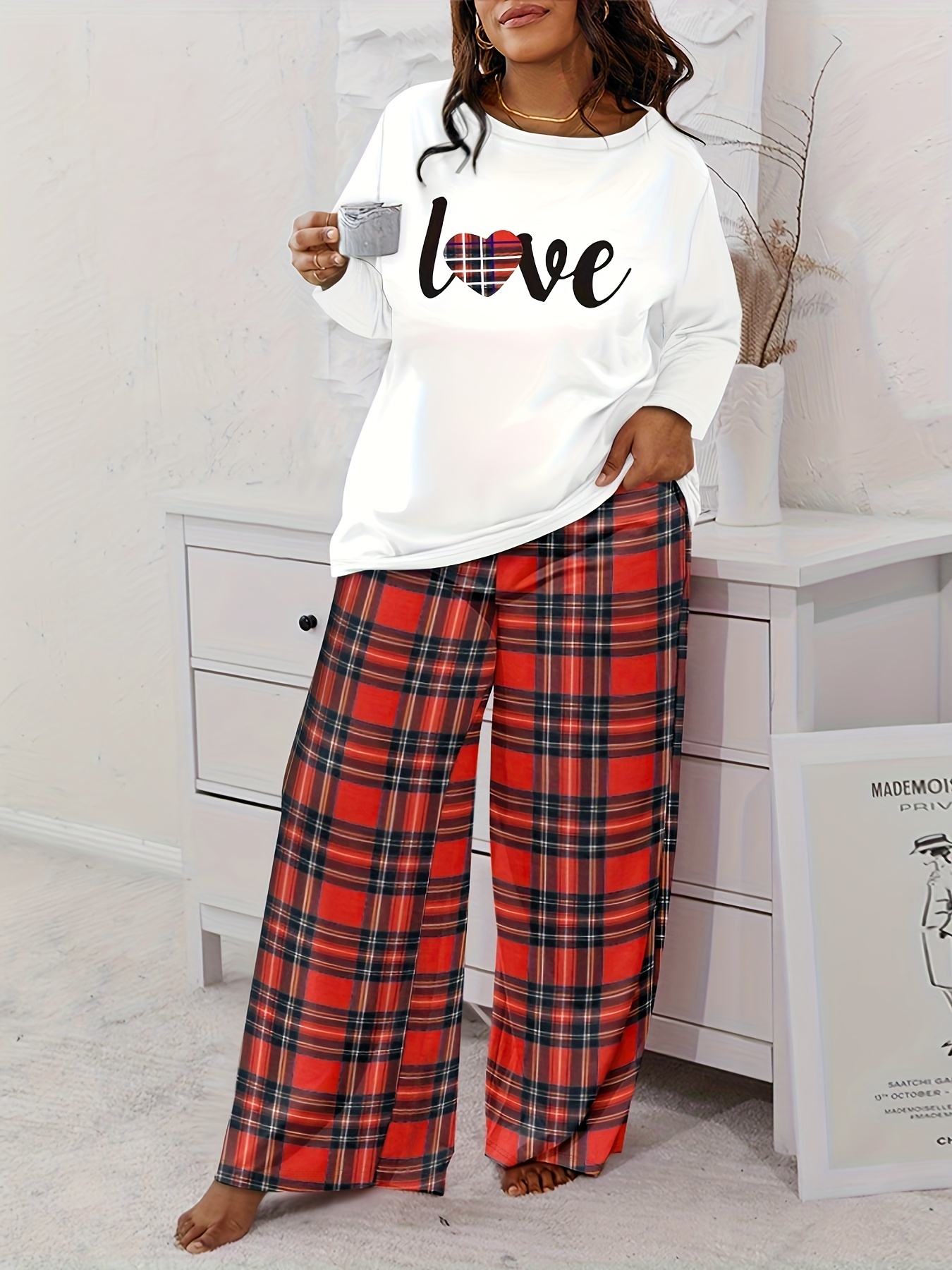 Plus Size Casual Loungewear Set, Women's Plus Size Plaid Heart & Letter  Print Long Sleeve Crew Neck Tee & Wide Leg Pants Pajamas Two Piece Set -  Temu Slovenia