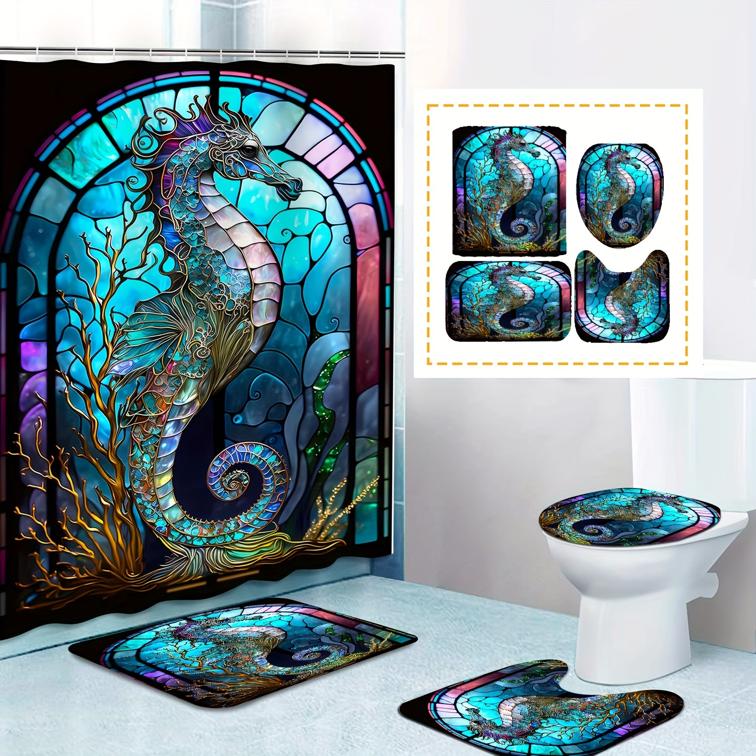 1/4pcs Seahorse Print Bathroom Set, Water-resistant Curtain Including 12  Hooks, Non-Slip Bathroom Rug, Toilet U-Shape Mat, Toilet Lid Cover Pad