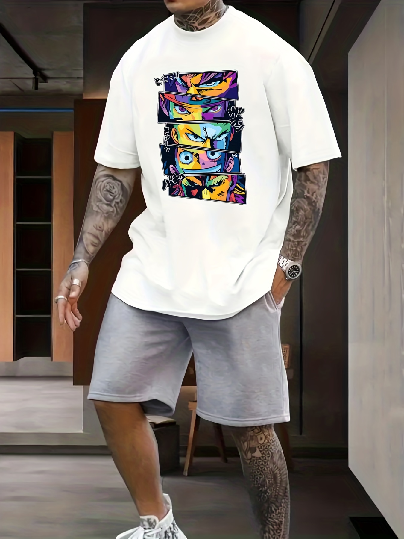 Mens Casual Crew Neck Short Sleeves Anime Character Print T Shirt