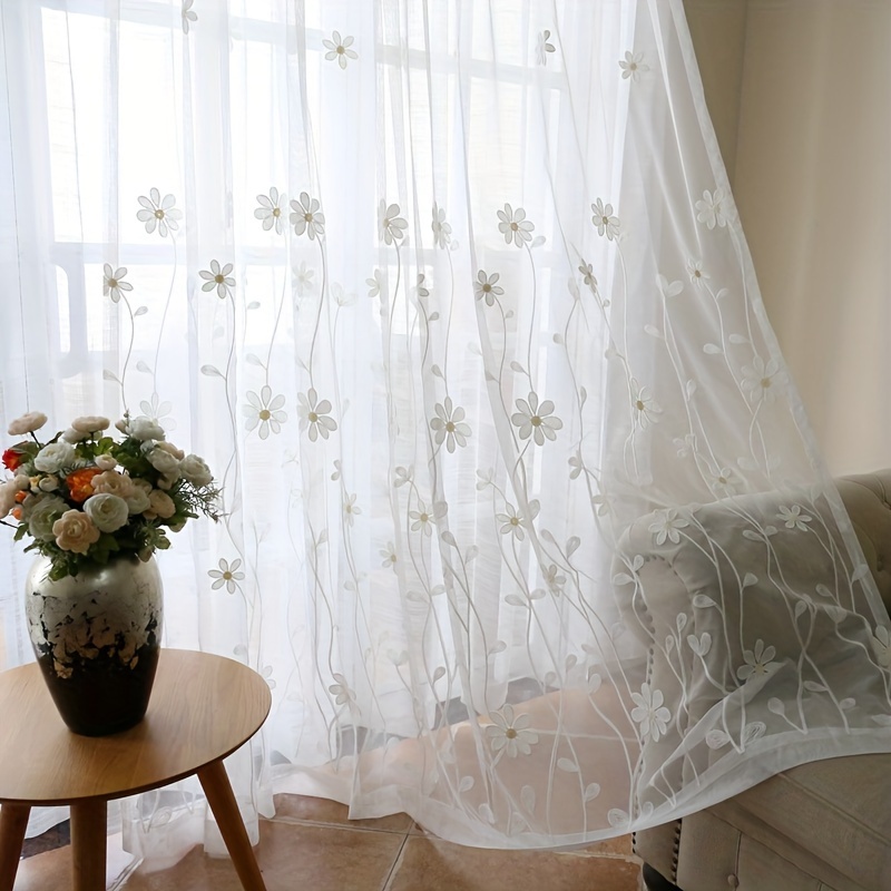 

2 Panel White Floral Embroidered Sheer Curtain For Dining Room Living Room Voile Curtain Panel Window Drape For Bedroom Sliding Glass Door Living Room Home Decor