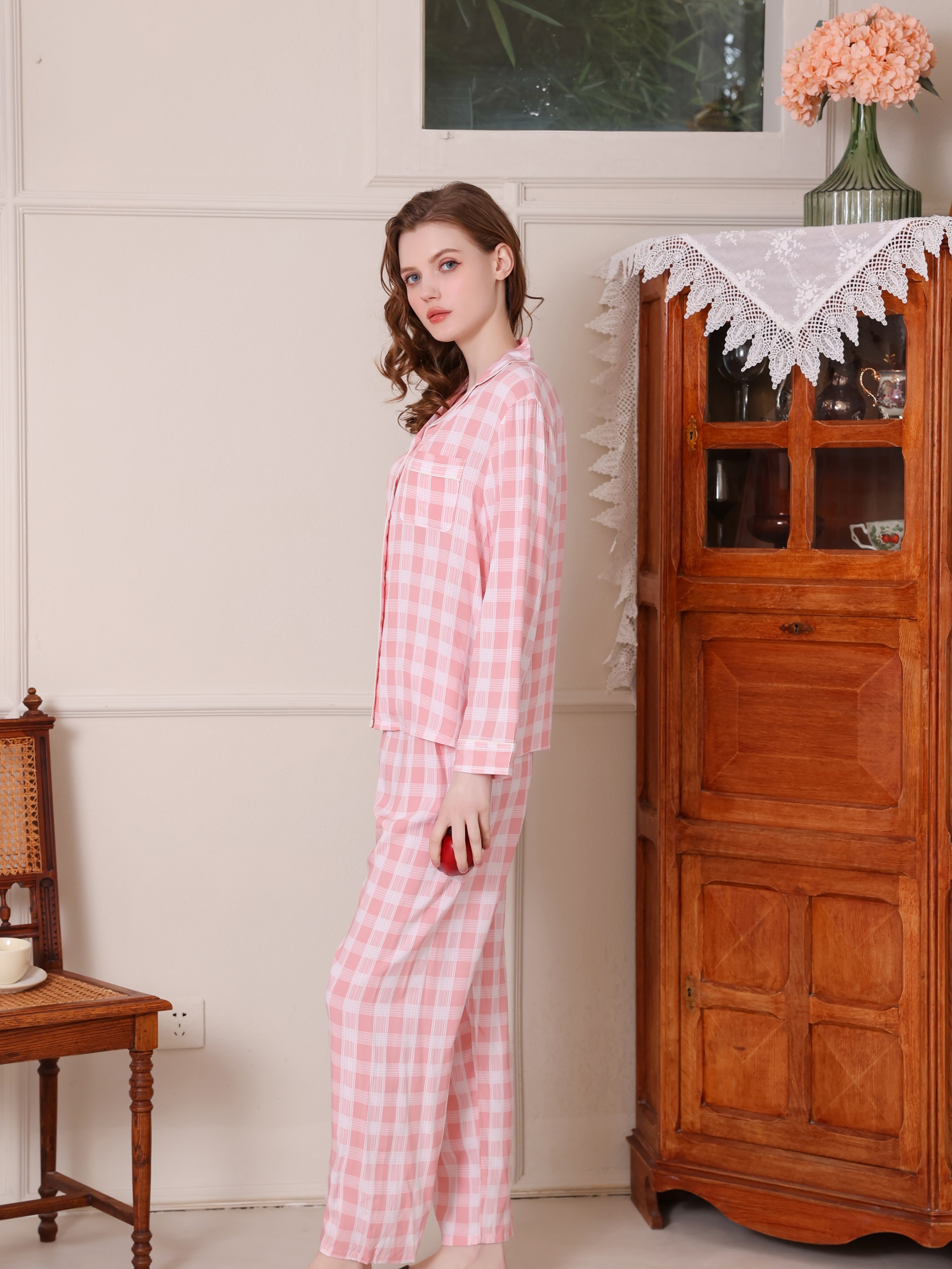 Plaid Satin Pajama Set, Long Sleeve Buttons Top & Elastic Waistband Pants,  Women's Sleepwear & Loungewear - Temu Germany