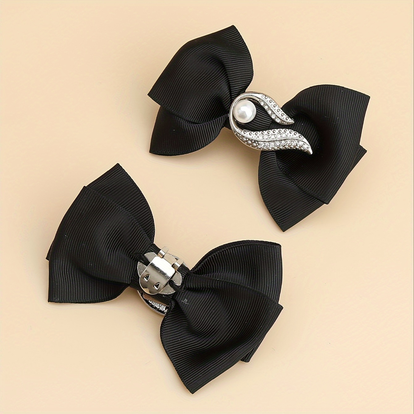 Image of A Pair Of Vintage Bow Shoe Clips With Easy Pearls And Rhinestones, Perfect For A And To Any Footwear