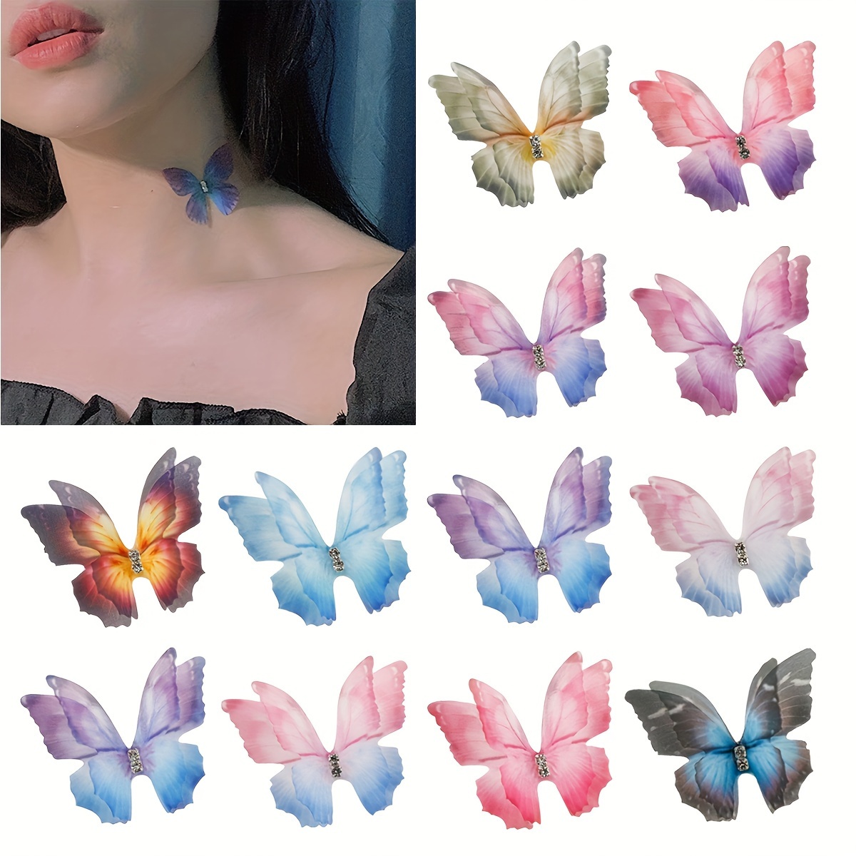 

5pcs/10pcs/20pcs Mixed Color Double-layer Tulle Butterfly With Drills 4.5cm (1.77in) For Diy Earrings Necklace Bracelet Hairpin Wedding Dress Clothing Styling Decoration Cosplay Dress Up Accessories