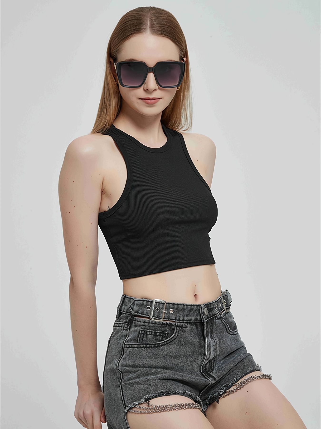 Solid Workout Bodycon Cropped Crew Neck Short Sleeve Tank - Temu