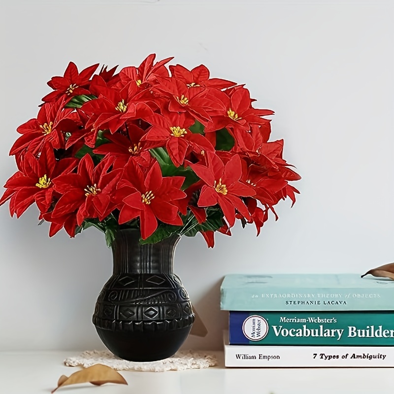 Artificial Poinsettia Bush Flowers Faux Velvet Poinsettia - Temu