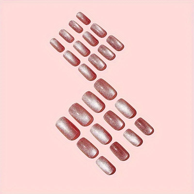 24pcs glitter press on nails medium square glitter   nails   cat eye with design glossy full cover false acrylic   stick on nails for women Product details 1