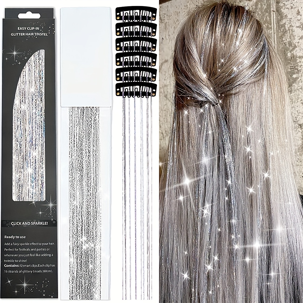 Silver Hair Tinsel Kit with Tool 6pcs 1200 Strands Hair Tinsel Heat  Resistant Fairy Hair Sparkling Shiny Glitter Tinsel Hair Extensions Dazzle  Hair