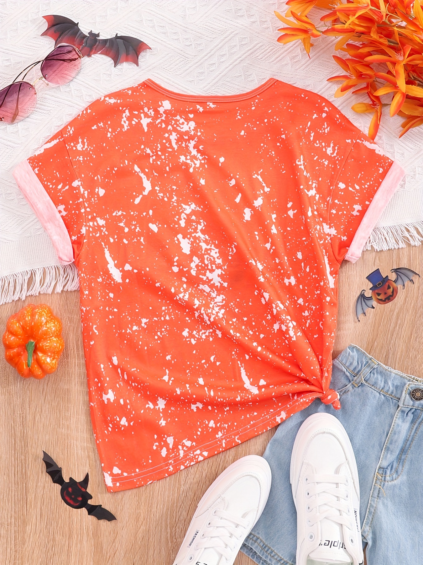 Girls Tie Dye Halloween Pumpkin Skull Graphic T shirt Casual Temu