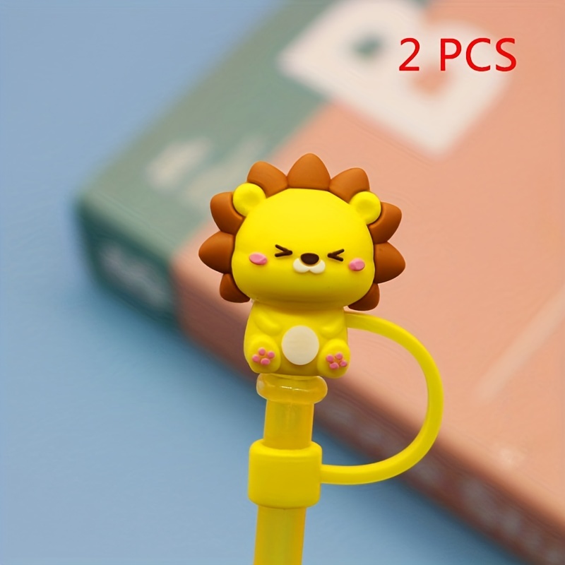 Cute Cartoon Cat Lion Bear Shape Silicone Straw Cover, Reusable