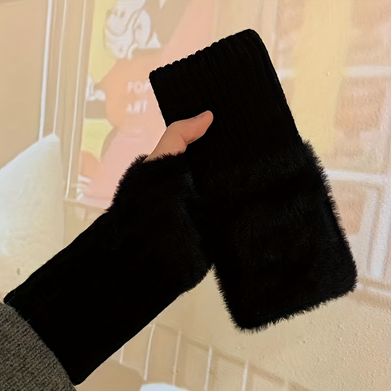 TEMU Simple Plush Splicing Knit Gloves Stylish Elegant Soft Warm Fingerless Gloves Autumn Winter Coldproof Wrist Cover