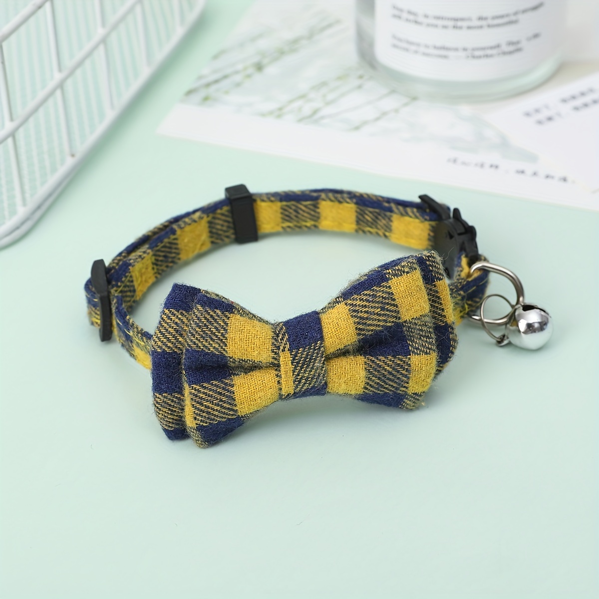 1pc Blue Checkered Pet Collar With Bow Tie, Bell For Cats And Dogs